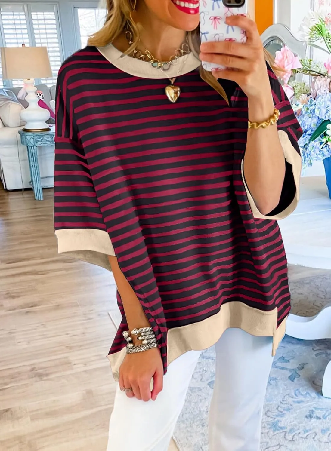 SHEWIN Womens Tops Casual Short Sleeve Sweatshirt Striped Shirt Crewneck Pullover T Shirts Loose Blouses