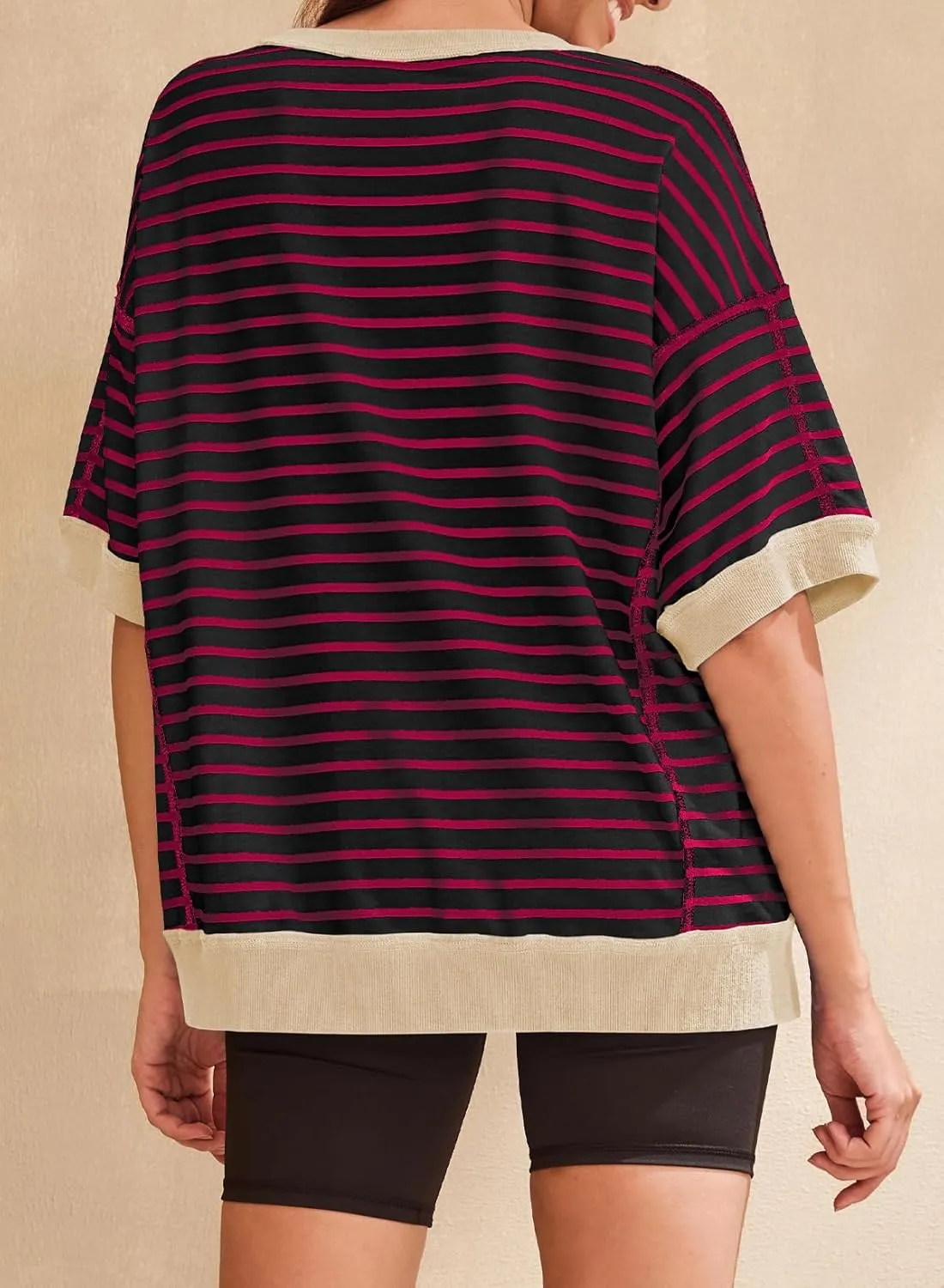 SHEWIN Womens Tops Casual Short Sleeve Sweatshirt Striped Shirt Crewneck Pullover T Shirts Loose Blouses