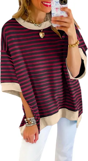 SHEWIN Womens Tops Casual Short Sleeve Sweatshirt Striped Shirt Crewneck Pullover T Shirts Loose Blouses
