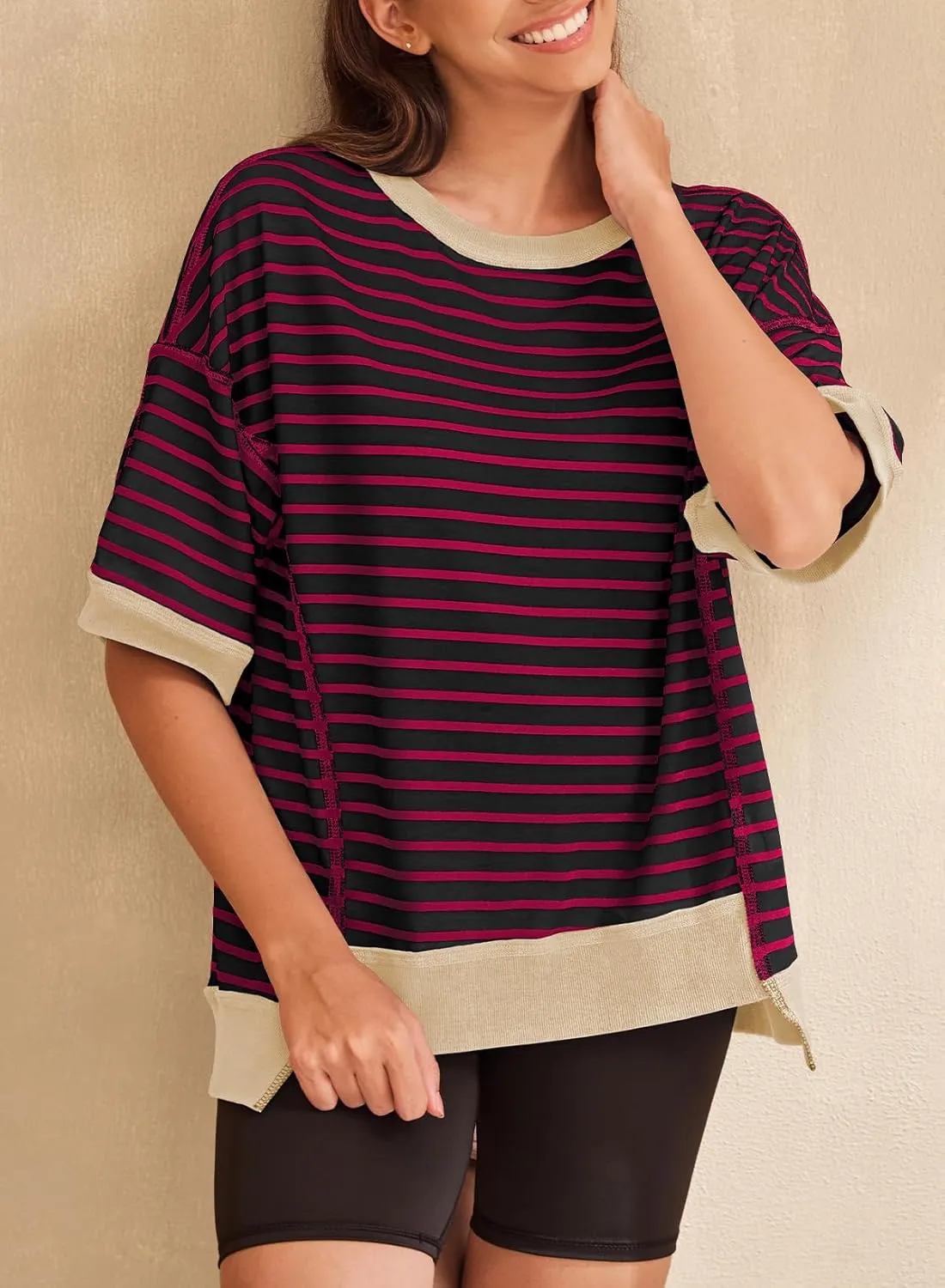 SHEWIN Womens Tops Casual Short Sleeve Sweatshirt Striped Shirt Crewneck Pullover T Shirts Loose Blouses