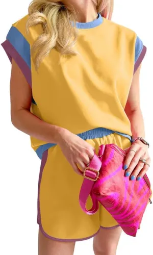 SHEWIN Women's Two Piece Lounge Sets Casual Short Sleeve Pullover Tops Matching Shorts Loungewear Tracksuit Set