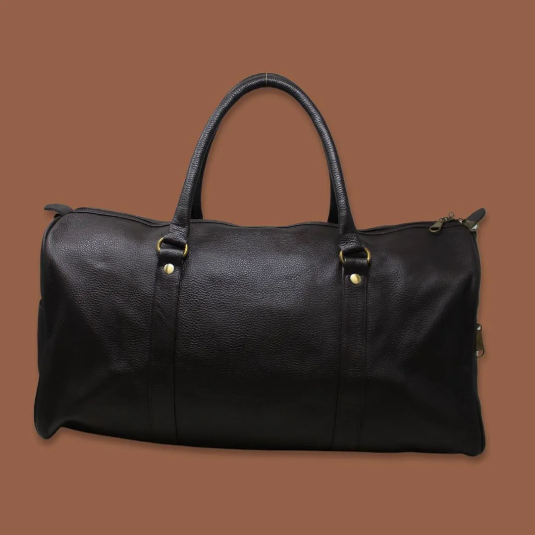 Shivansh Black Genuine Leather Duffle Weekender Bag-Gs