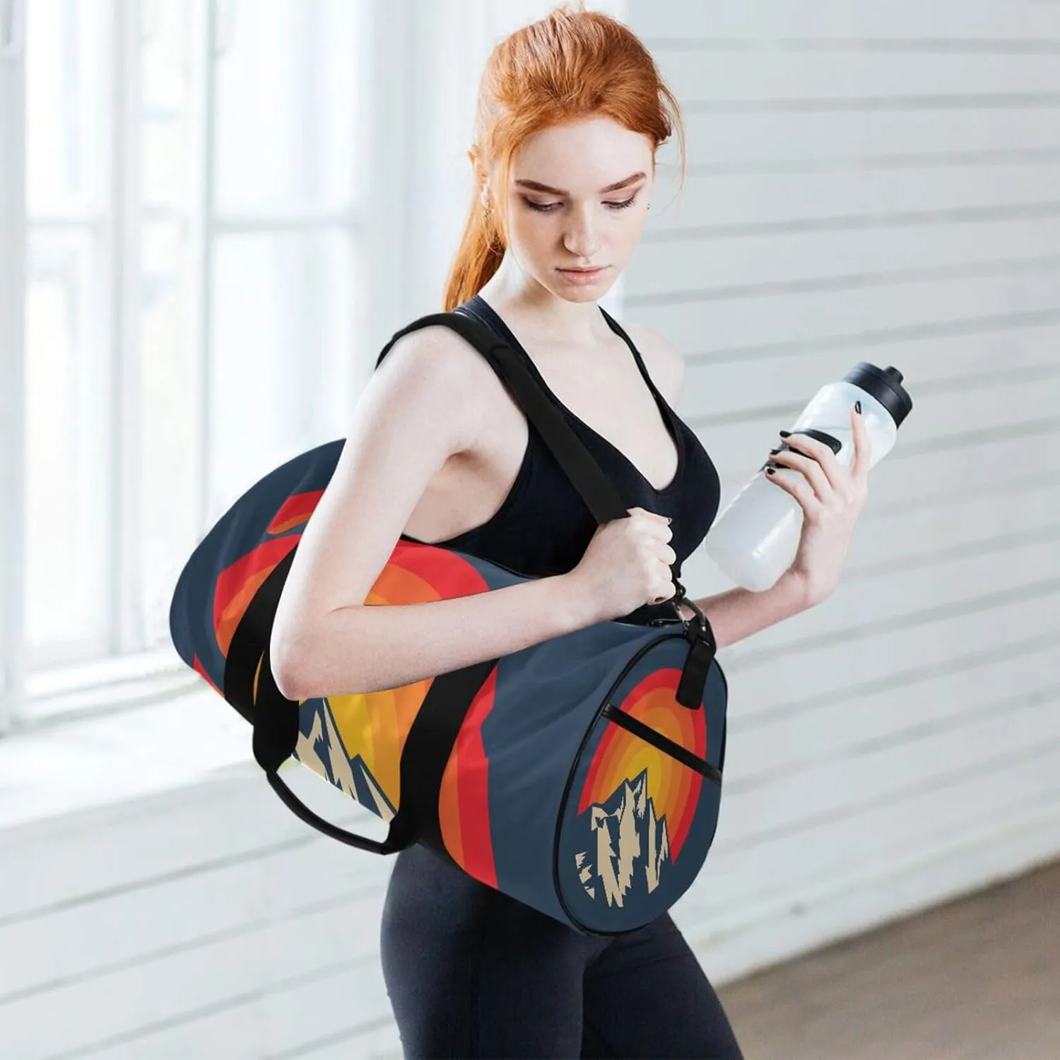 Silhouettes of Red Orange Sunset Peaks in the Mountains Portable Gym Bag, Travel Bag, Luggage bag, Sports Bag, Toiletry Bag with Handles, Detachable Shoulder Strap 17.6 x 9 x 9 inch