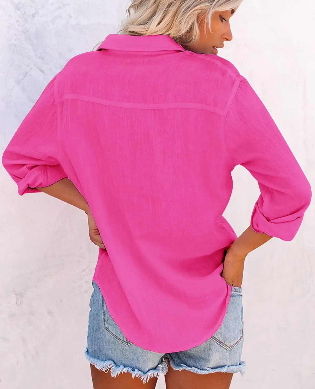 siliteelon Womens Button Down Shirts Cotton Dress Shirts Long Sleeve Blouses V Neck Solid Casual Tunics Tops with Pockets