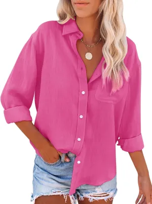 siliteelon Womens Button Down Shirts Cotton Dress Shirts Long Sleeve Blouses V Neck Solid Casual Tunics Tops with Pockets