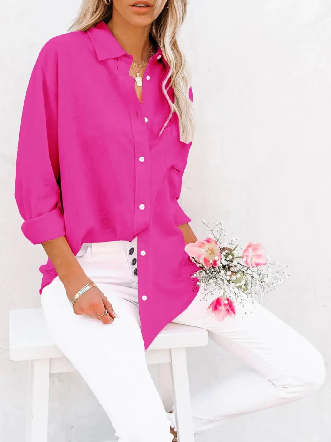 siliteelon Womens Button Down Shirts Cotton Dress Shirts Long Sleeve Blouses V Neck Solid Casual Tunics Tops with Pockets