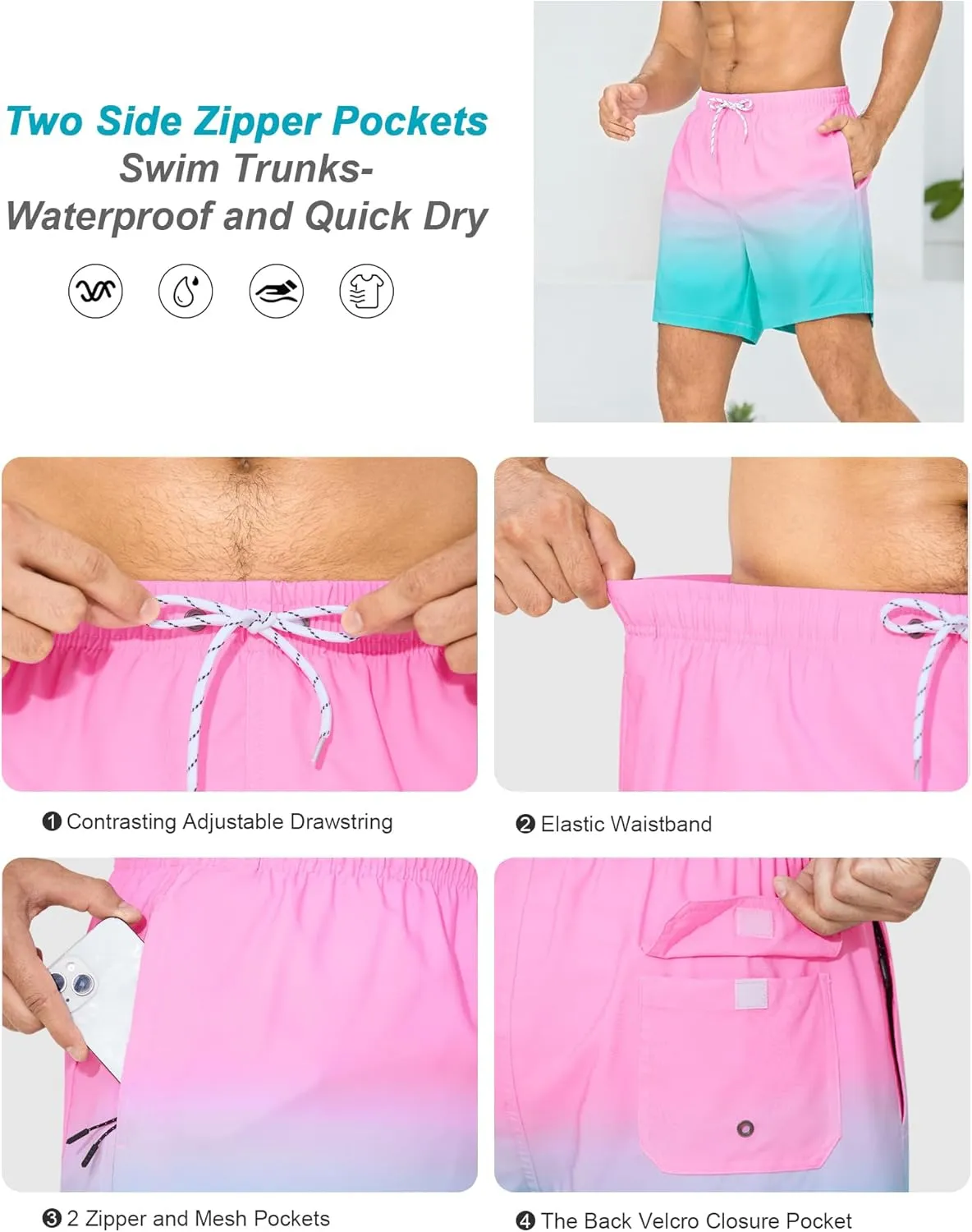 SILKWORLD Mens Swim Trunks with Compression Liner 6 Inch Inseam Quick Dry Beach Shorts Bathing Suit with Zipper Pockets