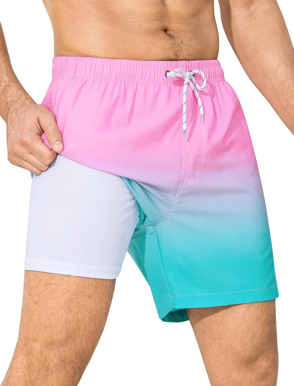 SILKWORLD Mens Swim Trunks with Compression Liner 6 Inch Inseam Quick Dry Beach Shorts Bathing Suit with Zipper Pockets