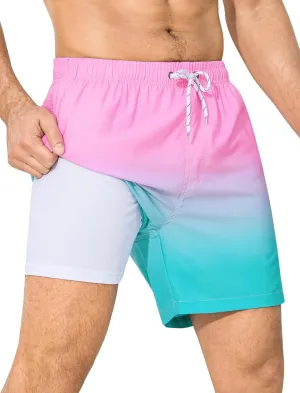 SILKWORLD Mens Swim Trunks with Compression Liner 6 Inch Inseam Quick Dry Beach Shorts Bathing Suit with Zipper Pockets