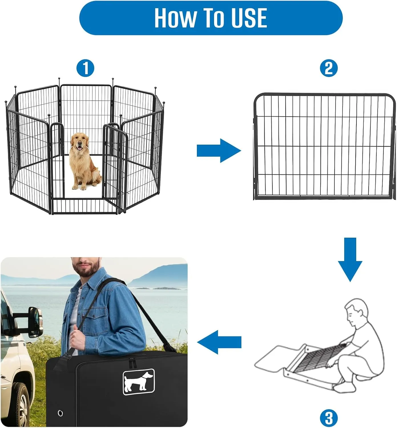 SIRUITON Dog Playpen Storage Bag, Fits 40" H 8 Panels and 9 Stakes，Suitable for Foldable Exercise Pet Playpen, Dog Fence Travel Bag, with Reinforcing Plate & Shoulder