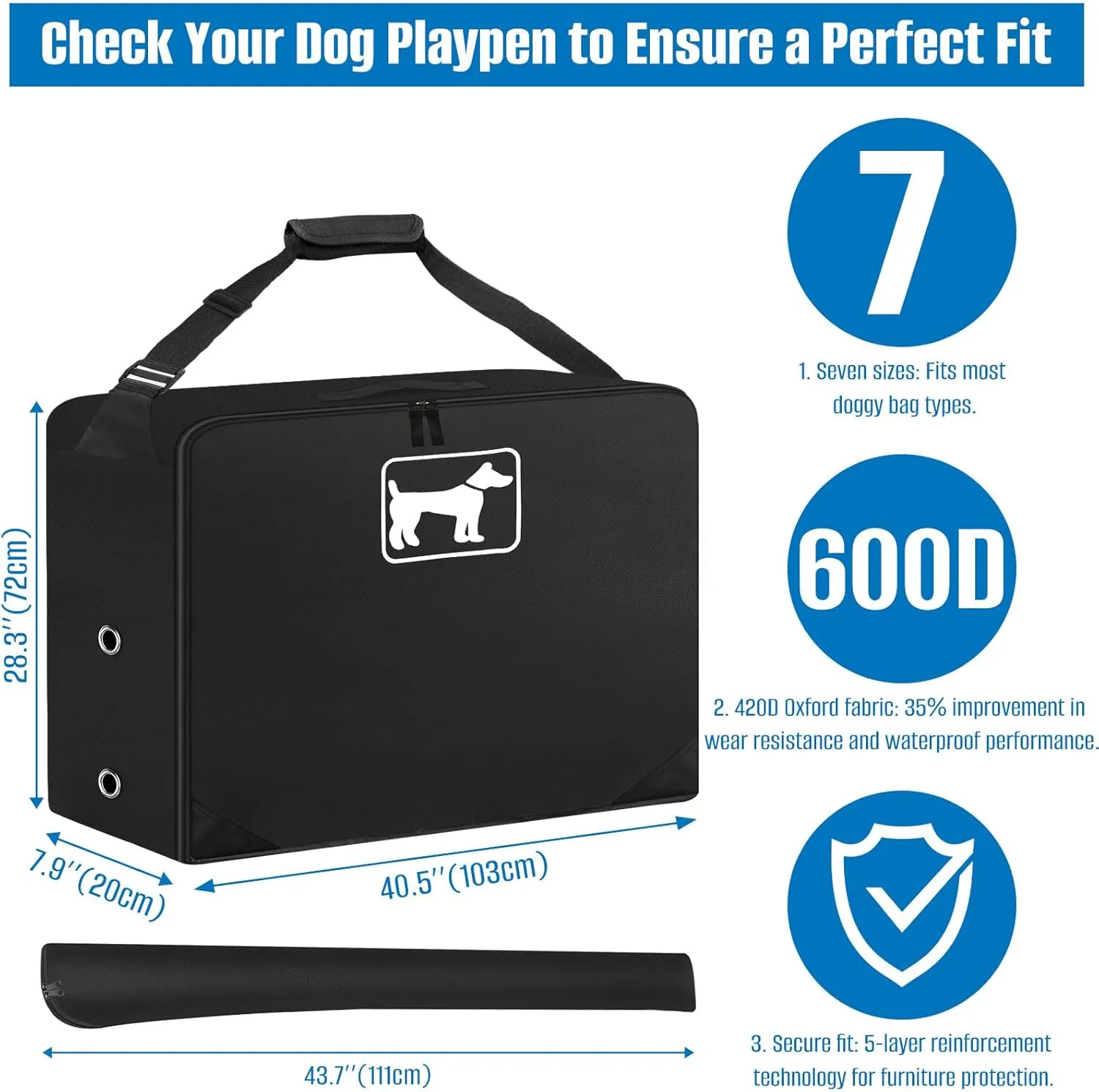 SIRUITON Dog Playpen Storage Bag, Fits 40" H 8 Panels and 9 Stakes，Suitable for Foldable Exercise Pet Playpen, Dog Fence Travel Bag, with Reinforcing Plate & Shoulder
