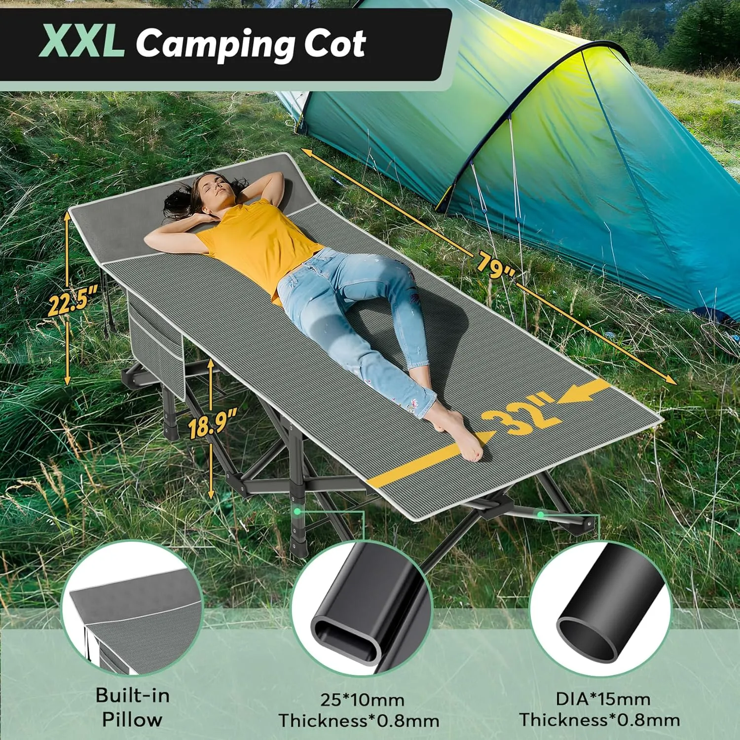 Slendor Oversized XXL Camping Cot, Folding Cot for Adults, 79" L x 32" W x 19" H Sleeping Cot with Mattress, Carry Bag, Camp Cot Bed for Travel, Guest, Support 500lbs, Stripe Grey Cot  Grey Pad