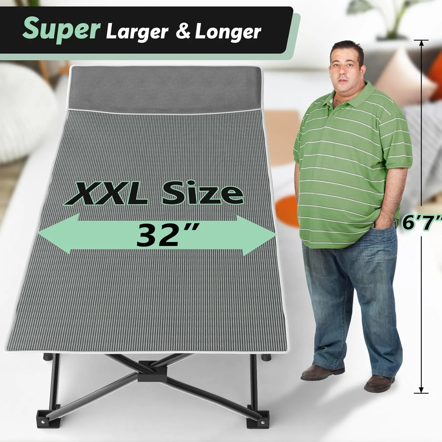 Slendor Oversized XXL Camping Cot, Folding Cot for Adults, 79" L x 32" W x 19" H Sleeping Cot with Mattress, Carry Bag, Camp Cot Bed for Travel, Guest, Support 500lbs, Stripe Grey Cot  Grey Pad