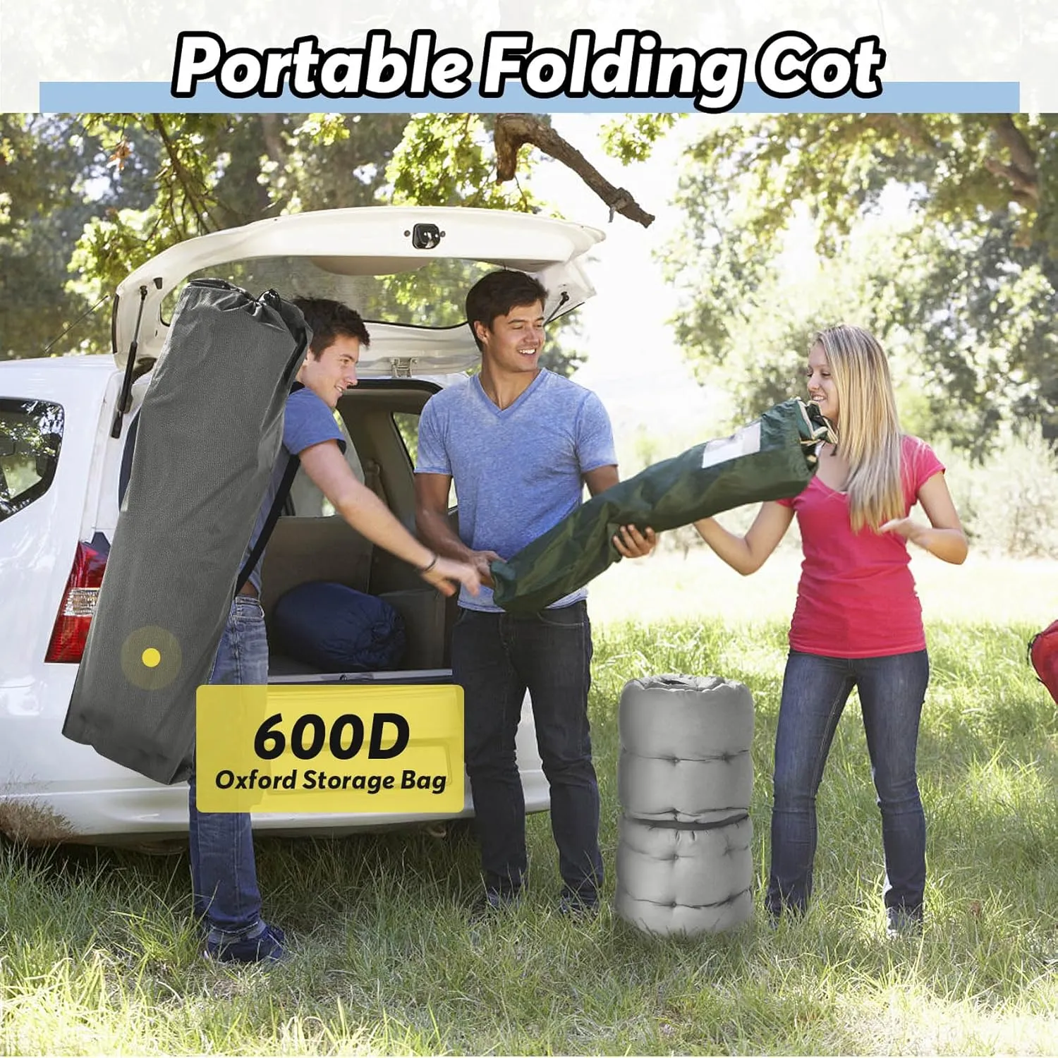 Slendor Oversized XXL Camping Cot, Folding Cot for Adults, 79" L x 32" W x 19" H Sleeping Cot with Mattress, Carry Bag, Camp Cot Bed for Travel, Guest, Support 500lbs, Stripe Grey Cot  Grey Pad