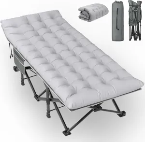 Slendor Oversized XXL Camping Cot, Folding Cot for Adults, 79" L x 32" W x 19" H Sleeping Cot with Mattress, Carry Bag, Camp Cot Bed for Travel, Guest, Support 500lbs, Stripe Grey Cot  Grey Pad