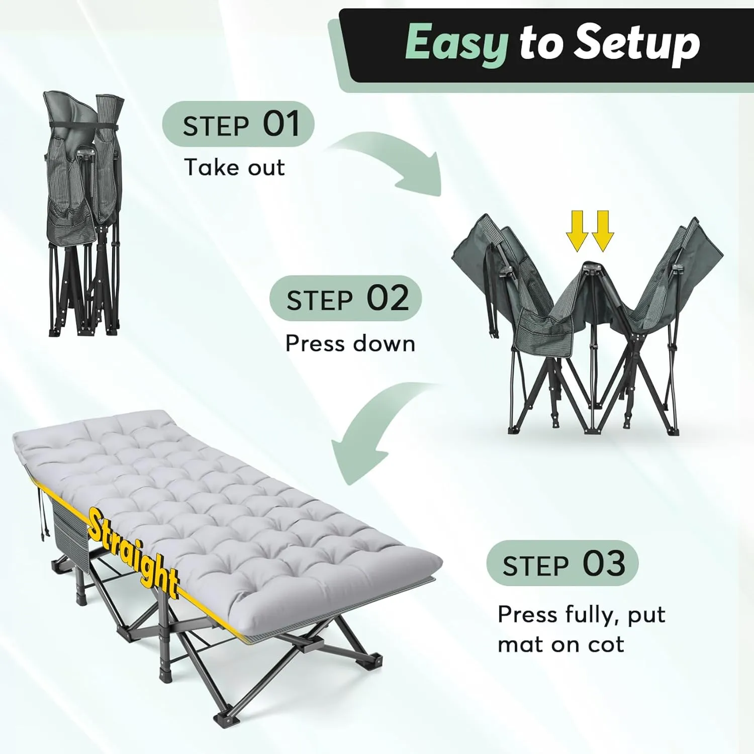 Slendor Oversized XXL Camping Cot, Folding Cot for Adults, 79" L x 32" W x 19" H Sleeping Cot with Mattress, Carry Bag, Camp Cot Bed for Travel, Guest, Support 500lbs, Stripe Grey Cot  Grey Pad