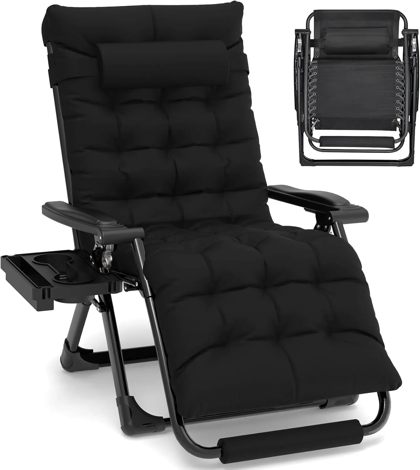 Slendor Oversized Zero Gravity Chairs XL, Padded Anti Gravity Chair, 29in Zero Gravity Lounge Chair, Folding Reclining Chair w/Aluminum Alloy Lock, Headrest, Cup Holder, Support 440lbs, Black