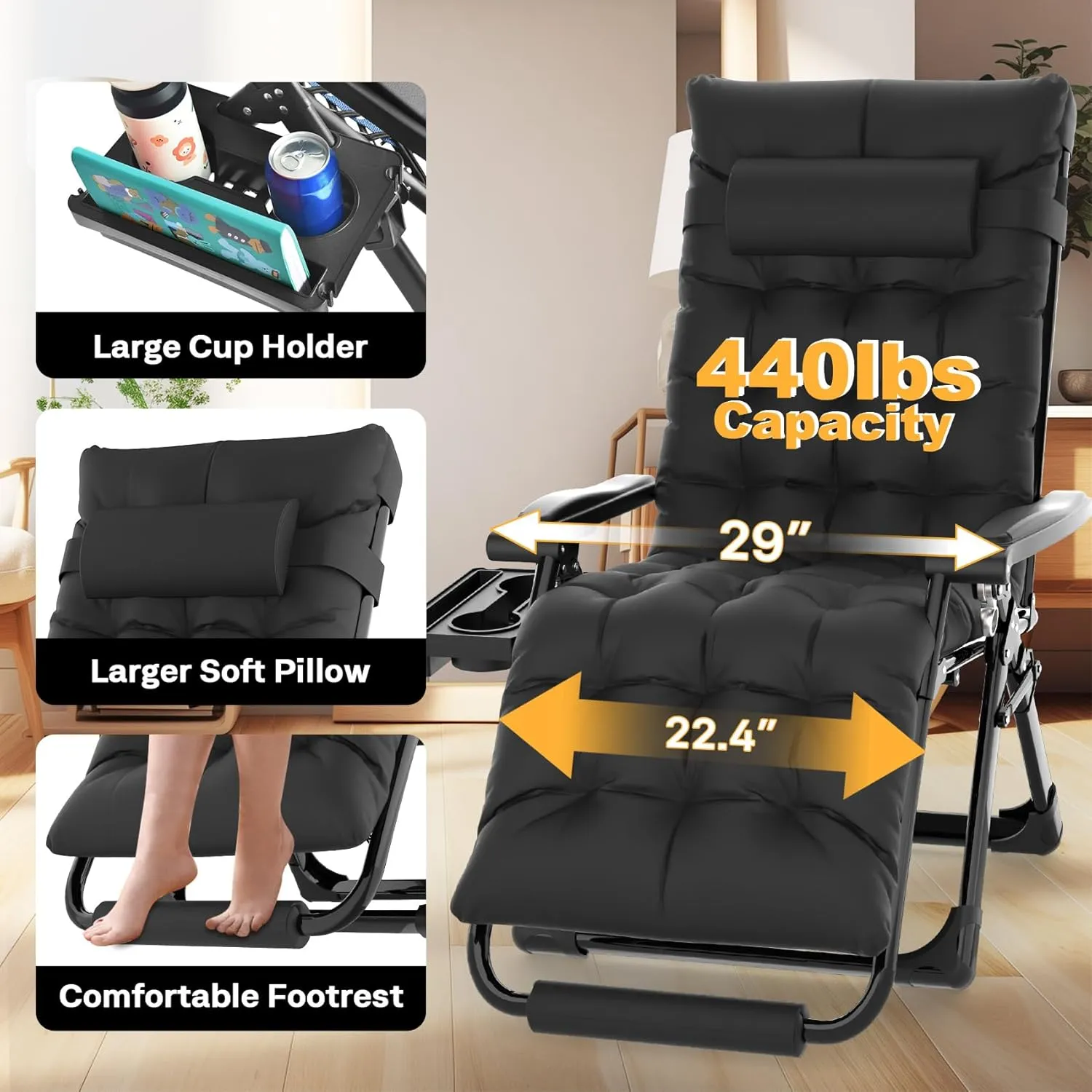 Slendor Oversized Zero Gravity Chairs XL, Padded Anti Gravity Chair, 29in Zero Gravity Lounge Chair, Folding Reclining Chair w/Aluminum Alloy Lock, Headrest, Cup Holder, Support 440lbs, Black