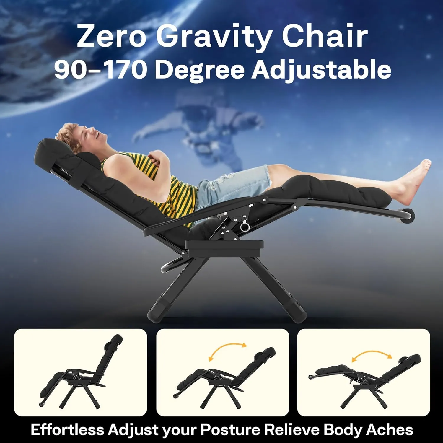 Slendor Oversized Zero Gravity Chairs XL, Padded Anti Gravity Chair, 29in Zero Gravity Lounge Chair, Folding Reclining Chair w/Aluminum Alloy Lock, Headrest, Cup Holder, Support 440lbs, Black