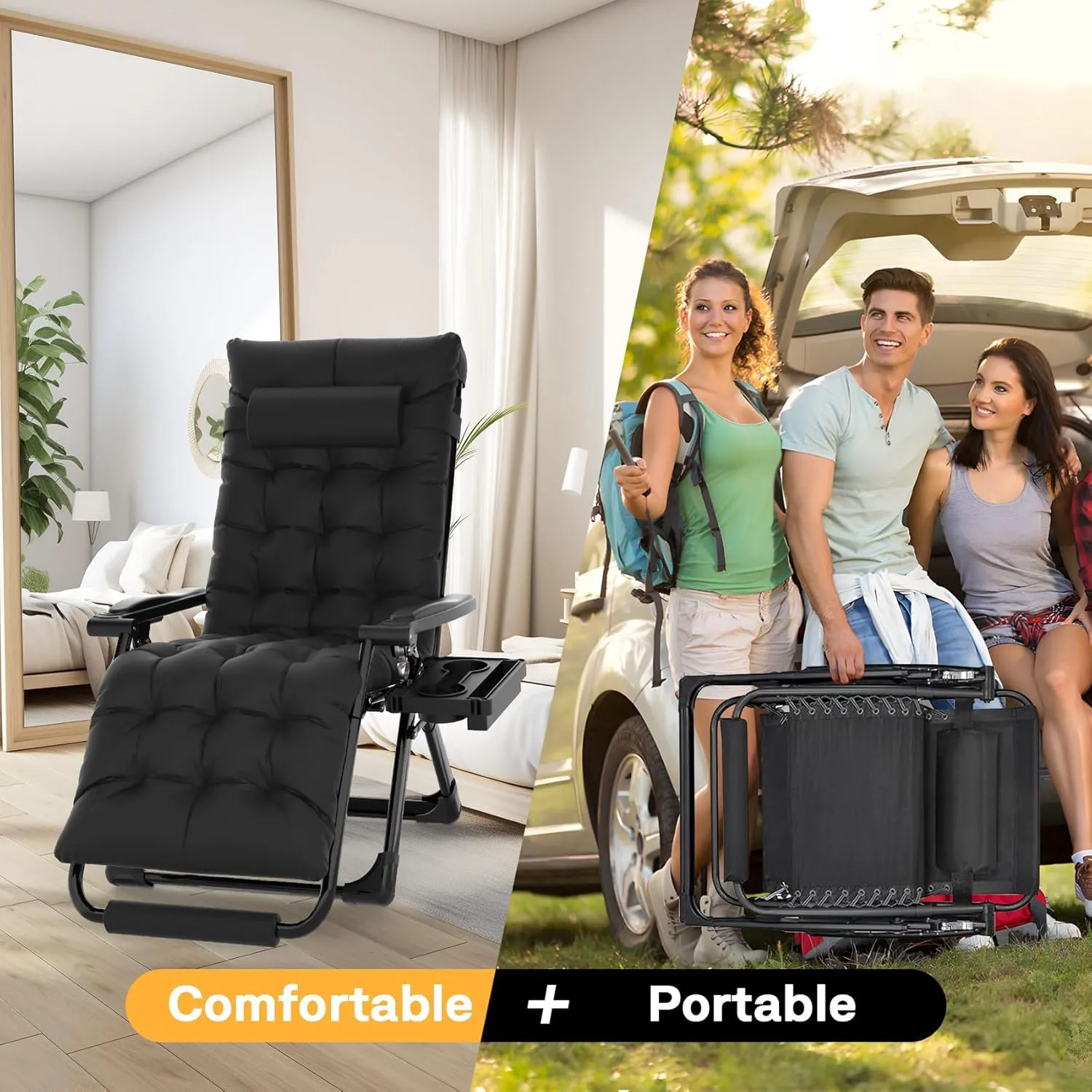 Slendor Oversized Zero Gravity Chairs XL, Padded Anti Gravity Chair, 29in Zero Gravity Lounge Chair, Folding Reclining Chair w/Aluminum Alloy Lock, Headrest, Cup Holder, Support 440lbs, Black