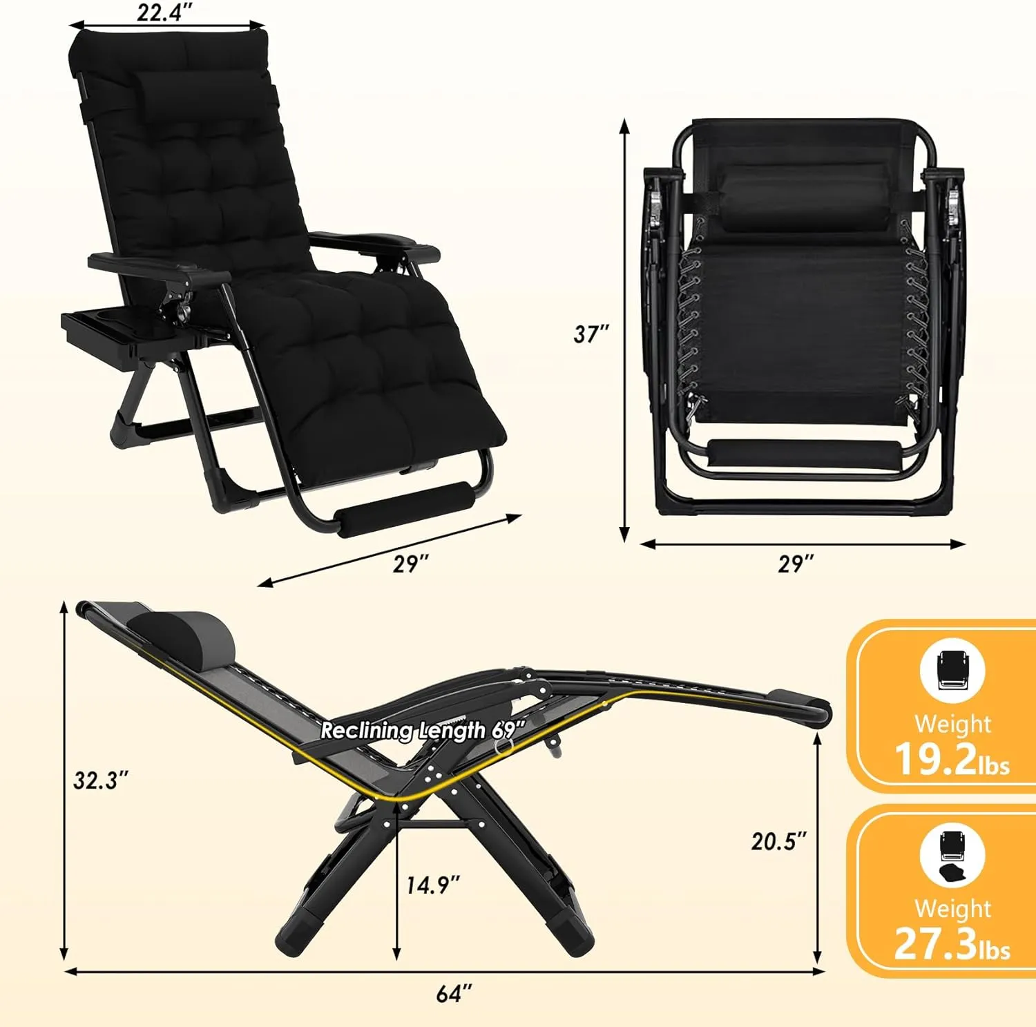 Slendor Oversized Zero Gravity Chairs XL, Padded Anti Gravity Chair, 29in Zero Gravity Lounge Chair, Folding Reclining Chair w/Aluminum Alloy Lock, Headrest, Cup Holder, Support 440lbs, Black
