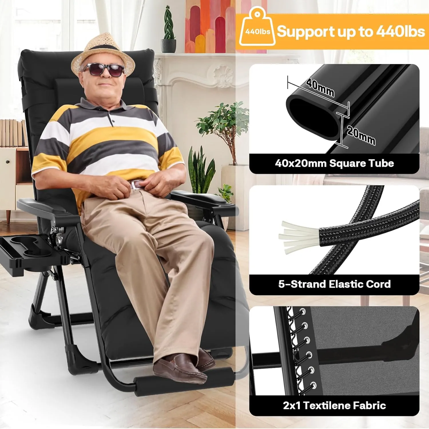 Slendor Oversized Zero Gravity Chairs XL, Padded Anti Gravity Chair, 29in Zero Gravity Lounge Chair, Folding Reclining Chair w/Aluminum Alloy Lock, Headrest, Cup Holder, Support 440lbs, Black