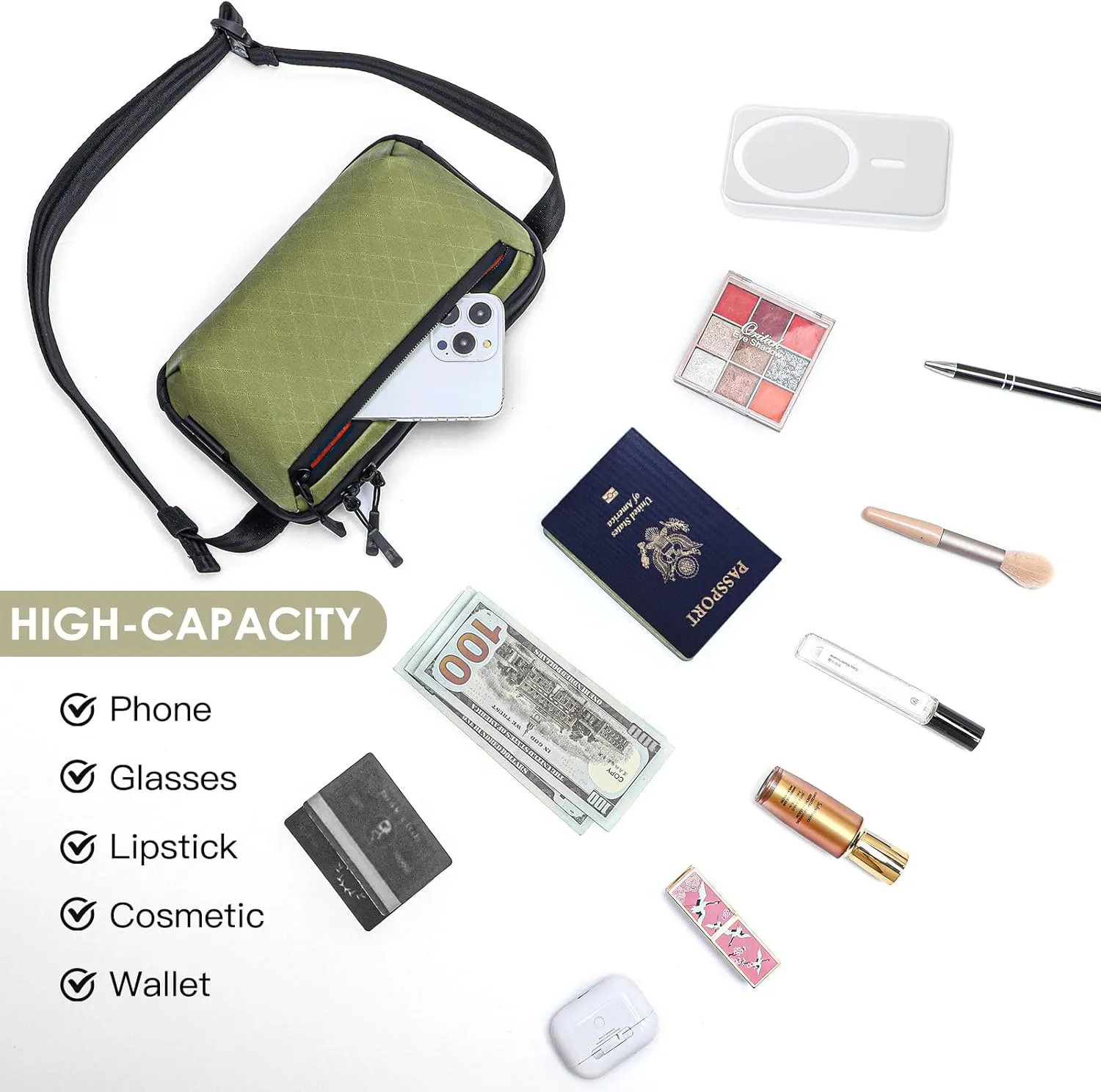 Small Crossbody Bag for Women, Vegan Waterproof Shoulder Purse with Nylon Diamond Quilted Fabric, Polyester 900D Backing