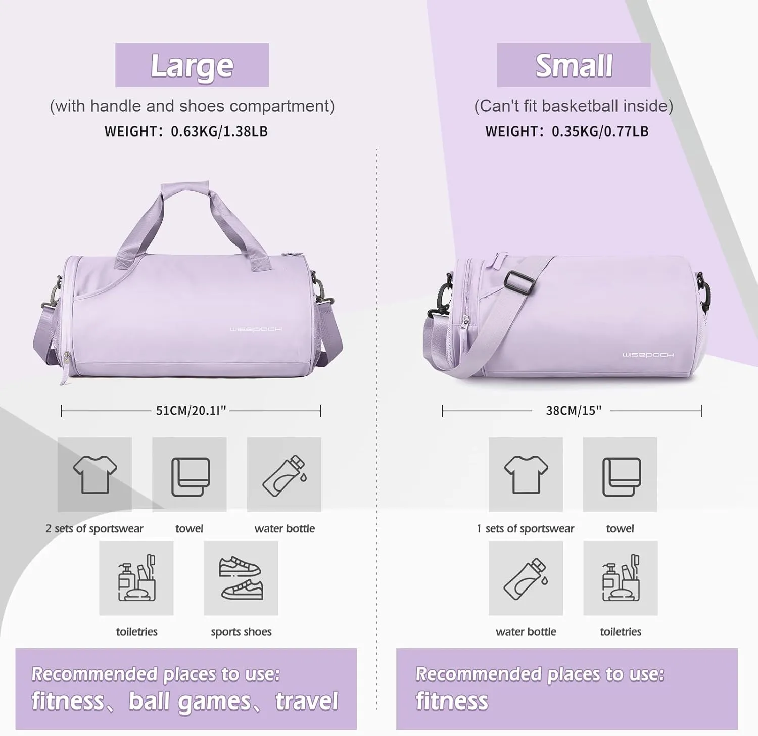 Small Gym Duffle for Women Men - Mini Waterproof Workout Sport Yoga Travel Overnight Weekender Dance Bag - Purple