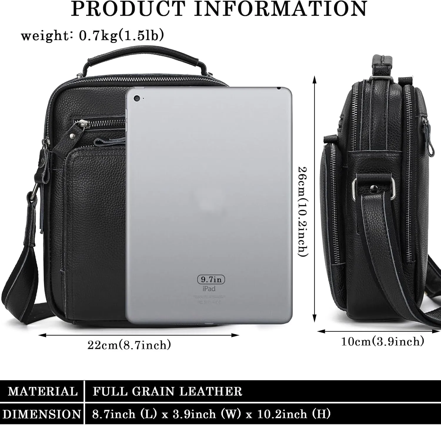 Small Leather Mens Purse Bag, Genuine Leather Messenger and Shoulder Bag for Men Zipper Pockets, Men Satchel Handbag
