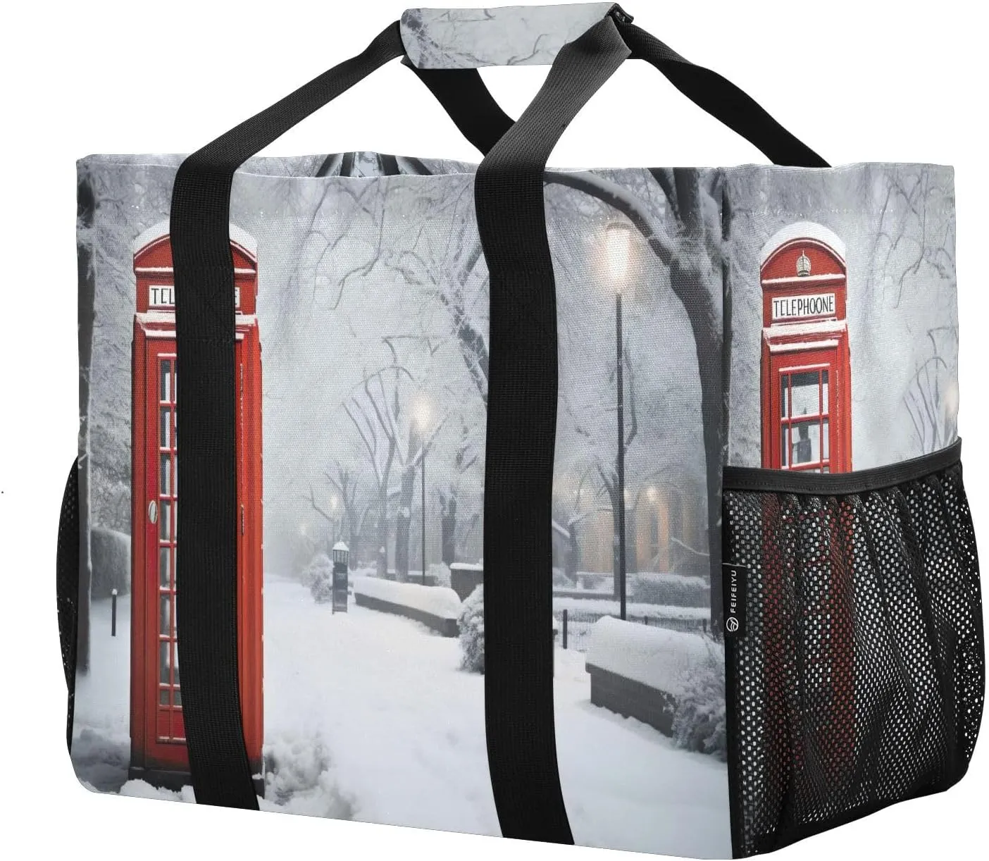 Snow Telephone Booth Foldable Travel Duffel Bag for Men Women Waterproof Weekender Overnight Carry On Tote Bag with Comfortable Handle Hospital Bag for Airplane Business Trips Sport Hospital