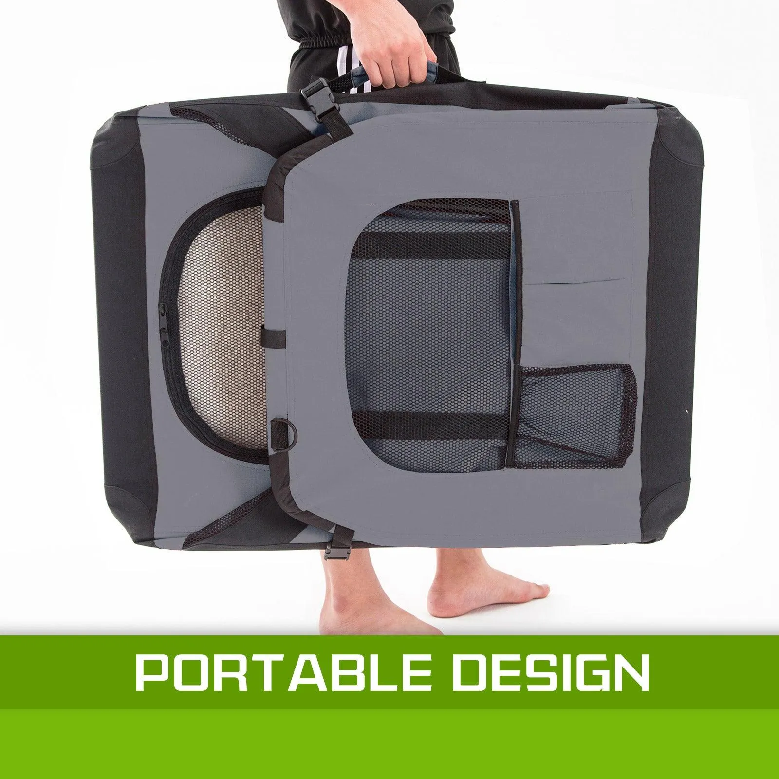 Soft Foldable Dog Cage Crate Carrier - GREY