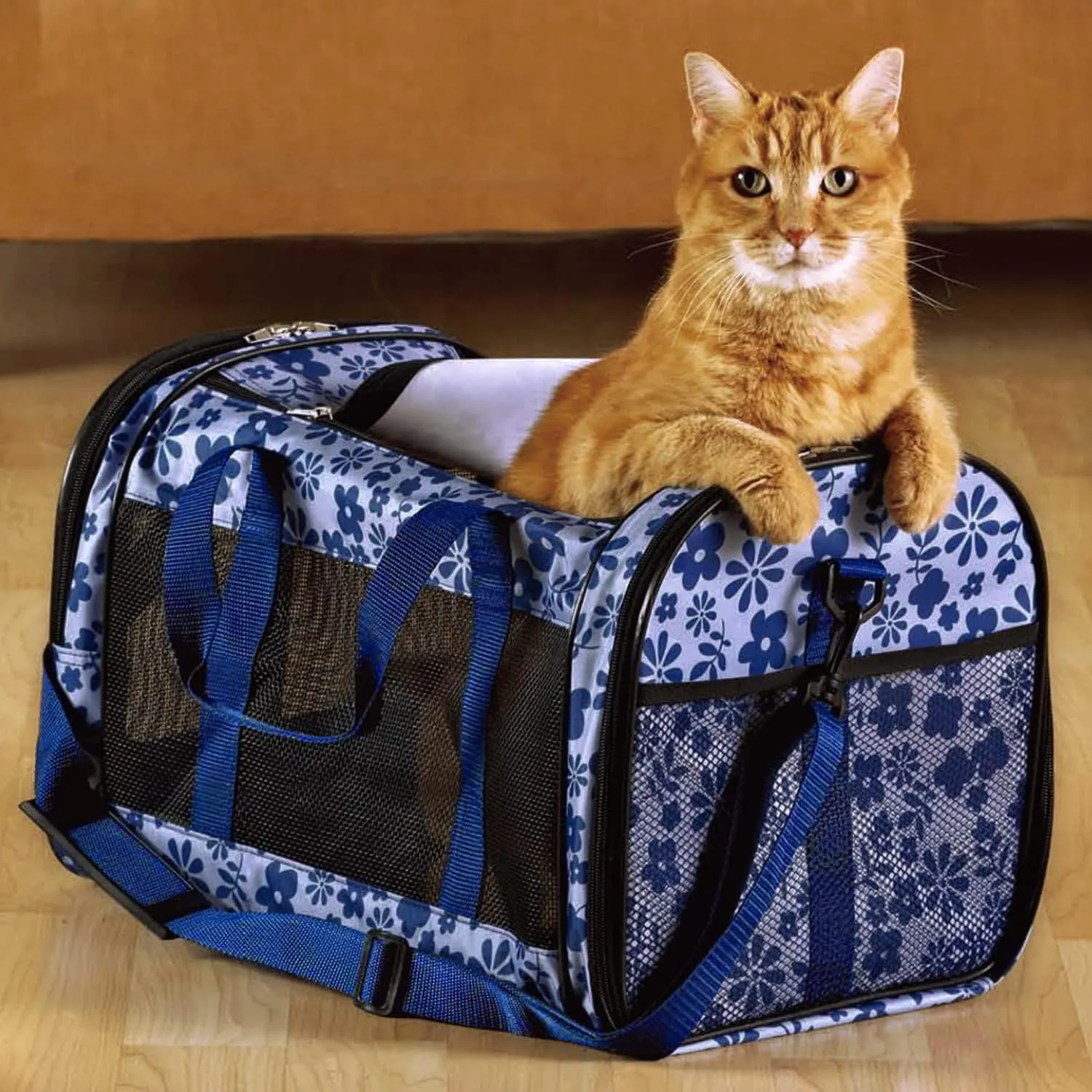 Soft-Sided Kennel Pet Carrier for Small Dogs, Cats, Puppy, Airline Approved Cat Carriers Dog Carrier Collapsible (Floral Print Blue, 19" L x 11" W x 11" H)