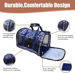 Soft-Sided Kennel Pet Carrier for Small Dogs, Cats, Puppy, Airline Approved Cat Carriers Dog Carrier Collapsible (Floral Print Blue, 19" L x 11" W x 11" H)