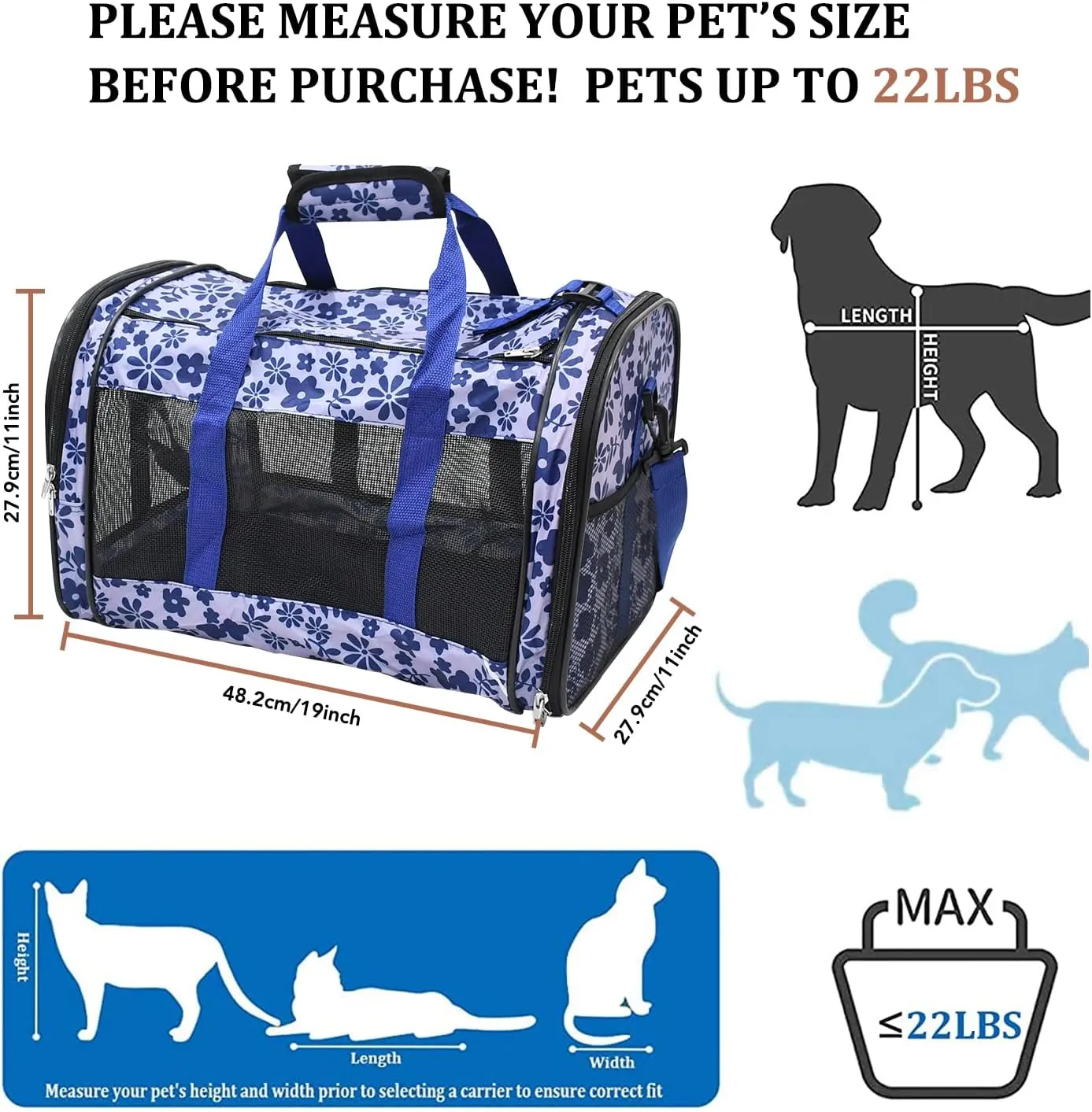 Soft-Sided Kennel Pet Carrier for Small Dogs, Cats, Puppy, Airline Approved Cat Carriers Dog Carrier Collapsible (Floral Print Blue, 19" L x 11" W x 11" H)