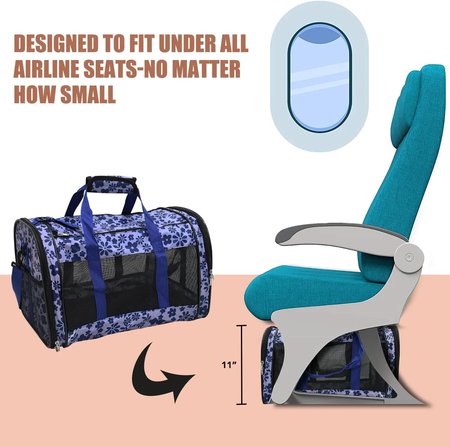 Soft-Sided Kennel Pet Carrier for Small Dogs, Cats, Puppy, Airline Approved Cat Carriers Dog Carrier Collapsible (Floral Print Blue, 19" L x 11" W x 11" H)