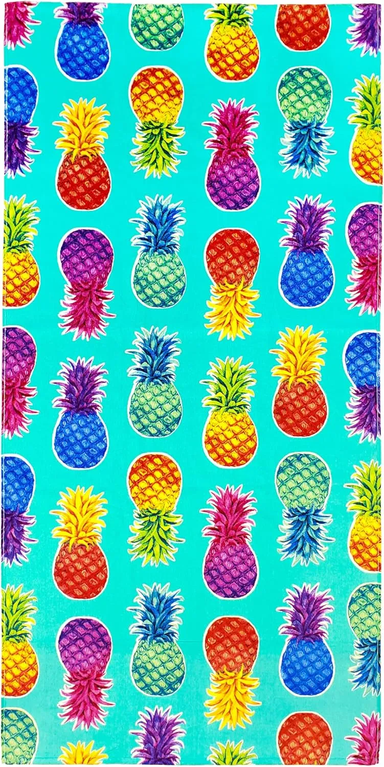 Softerry Colorful Pineapples Beach Towel 30 x 60 inches 100% Cotton (1 Towel - 30" x 60", Aqua)