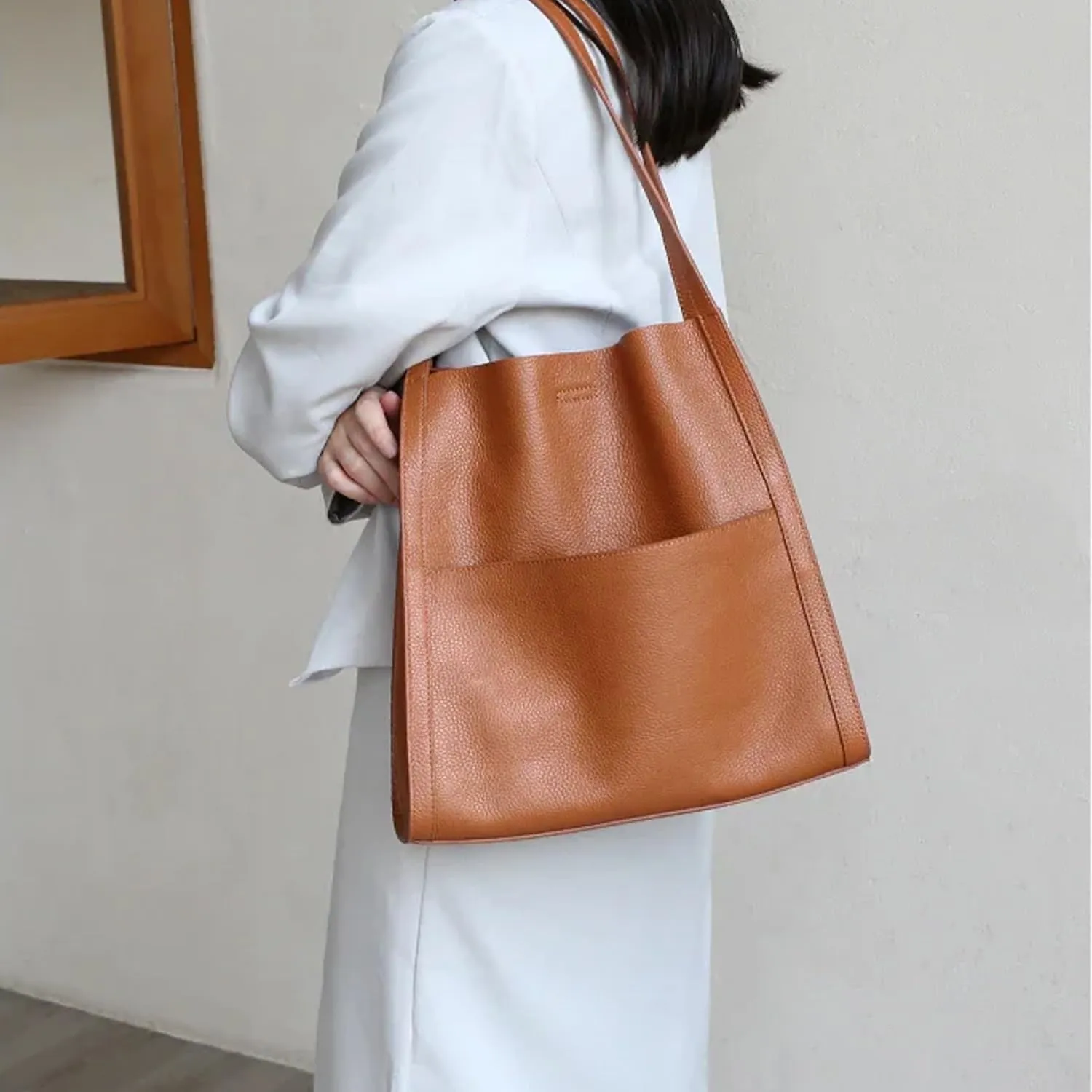 Solid Color Simple Genuine Leather Shoulder Bag,Large Capacity Simple Casual Leather Shoulder Bag (Black)
