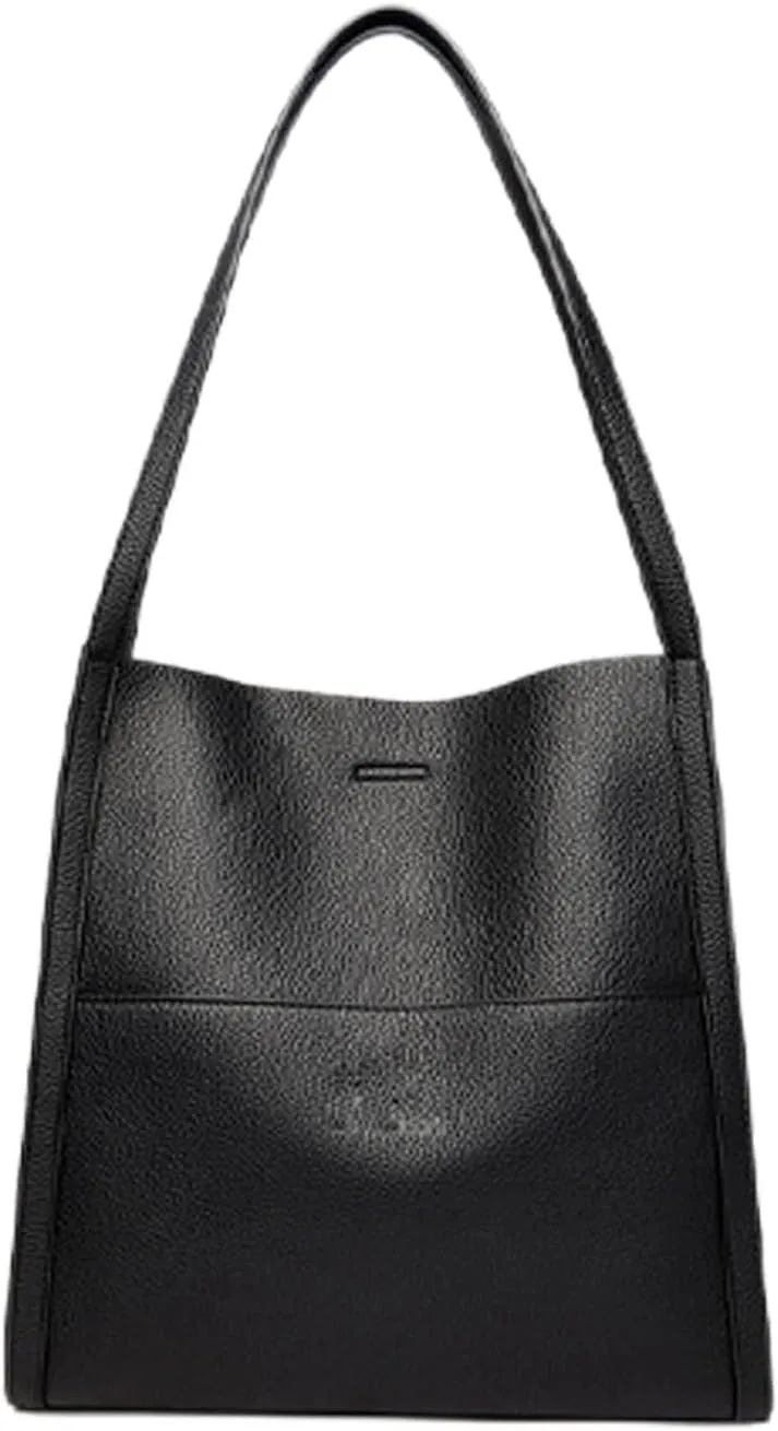 Solid Color Simple Genuine Leather Shoulder Bag,Large Capacity Simple Casual Leather Shoulder Bag (Black)