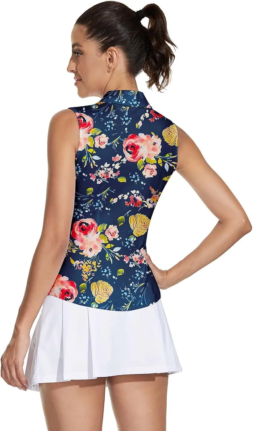 Soneven Women's Sleeveless Golf Top Floral Athletic Golf Wear Moisture Wicking Sleeveless Polo Quick Dry