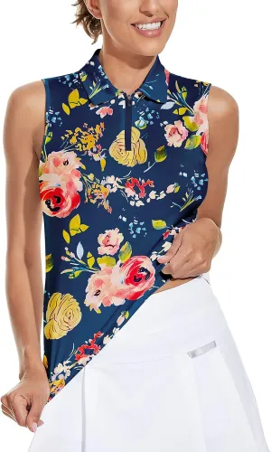 Soneven Women's Sleeveless Golf Top Floral Athletic Golf Wear Moisture Wicking Sleeveless Polo Quick Dry