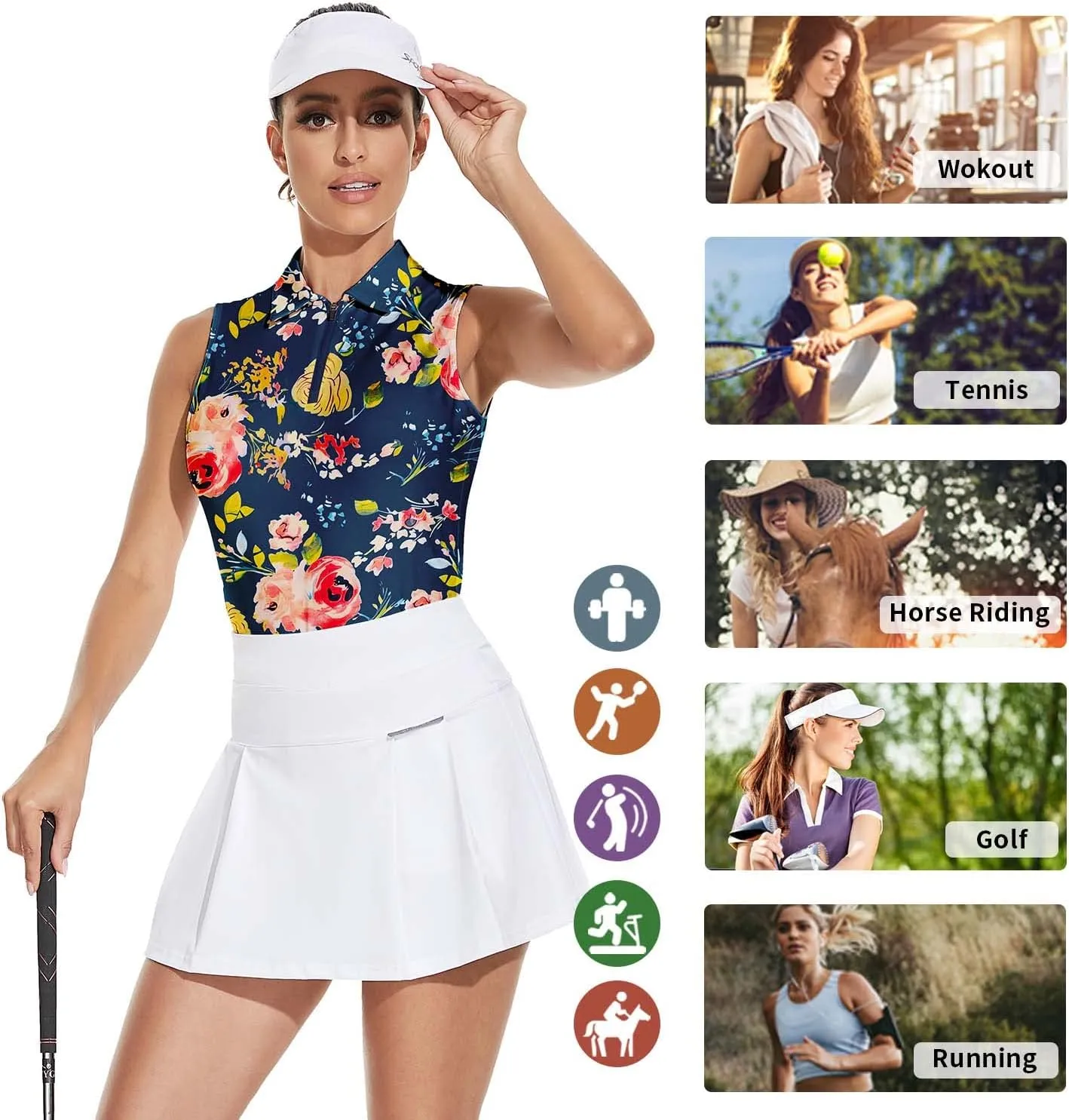 Soneven Women's Sleeveless Golf Top Floral Athletic Golf Wear Moisture Wicking Sleeveless Polo Quick Dry