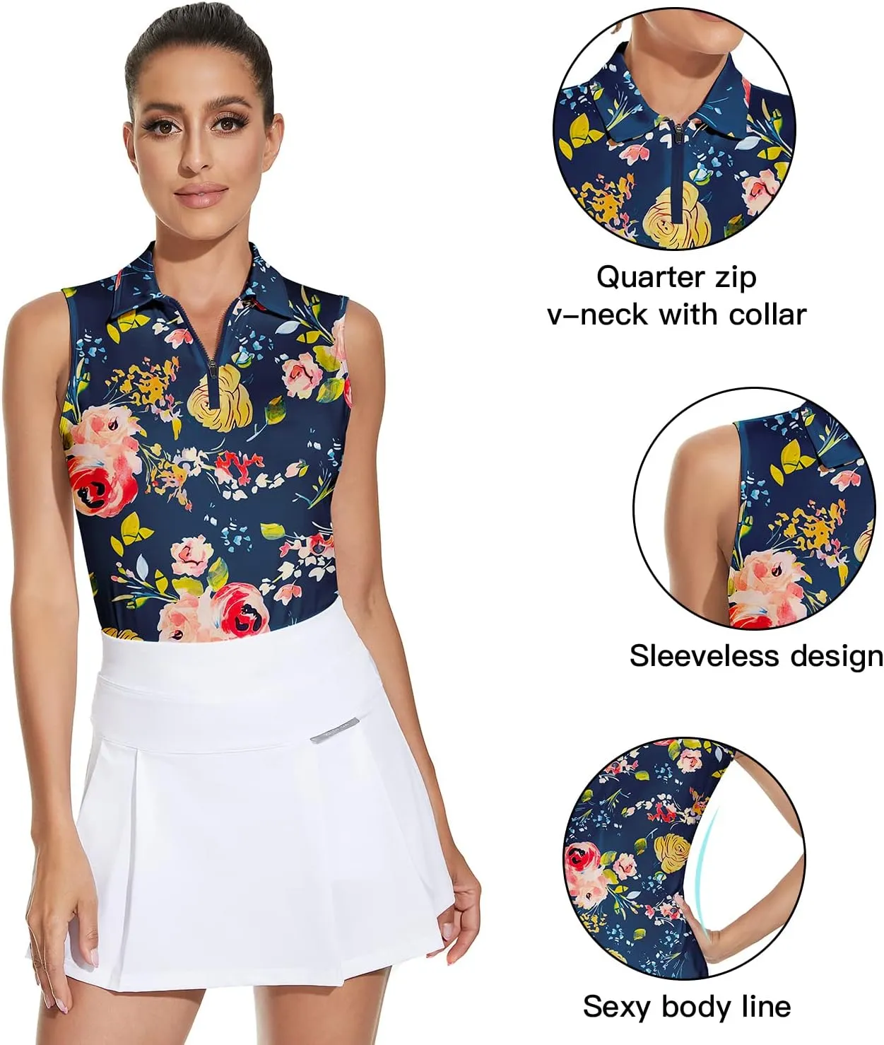 Soneven Women's Sleeveless Golf Top Floral Athletic Golf Wear Moisture Wicking Sleeveless Polo Quick Dry