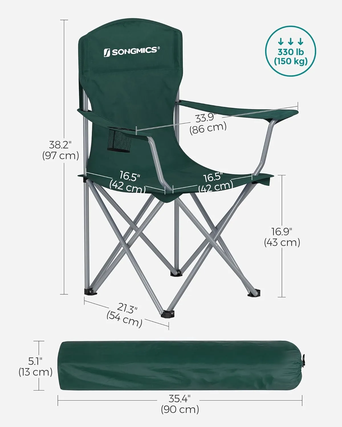 SONGMICS 2 Pack Folding Camping Chairs, Load 330 lb, Cup Holder and High Backrest, Heavy-Duty Structure, for Lawn, Garden, Fishing, Terrace