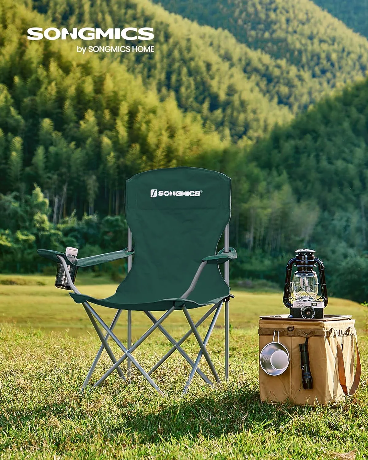 SONGMICS 2 Pack Folding Camping Chairs, Load 330 lb, Cup Holder and High Backrest, Heavy-Duty Structure, for Lawn, Garden, Fishing, Terrace