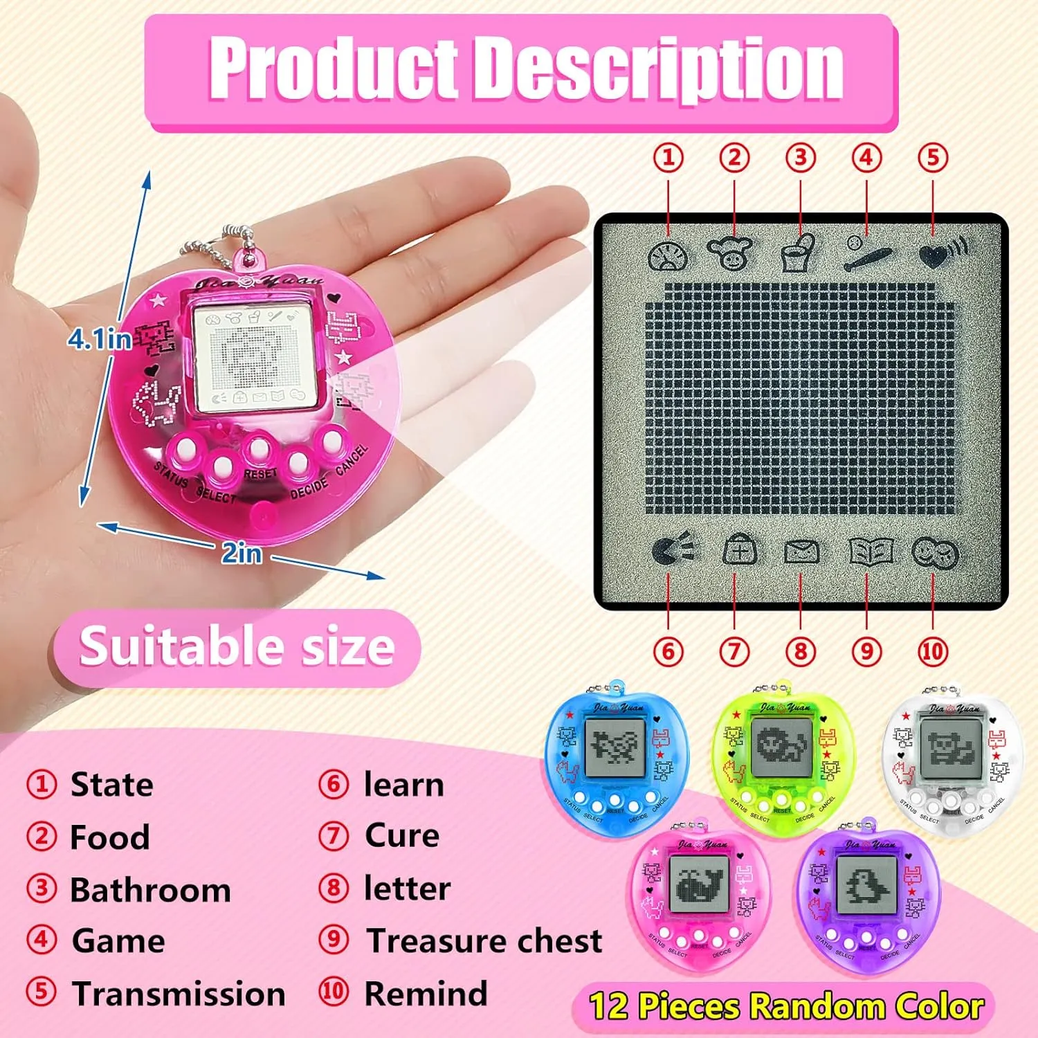 Sosation 12 Pcs Virtual Pets Keychain Egg Fillings for Kids 168 Electronic Digital Pet Easter Retro Handheld Game Machine 90s Toy for Birthday Gift Toddler Party Multicolor(Heart Style)