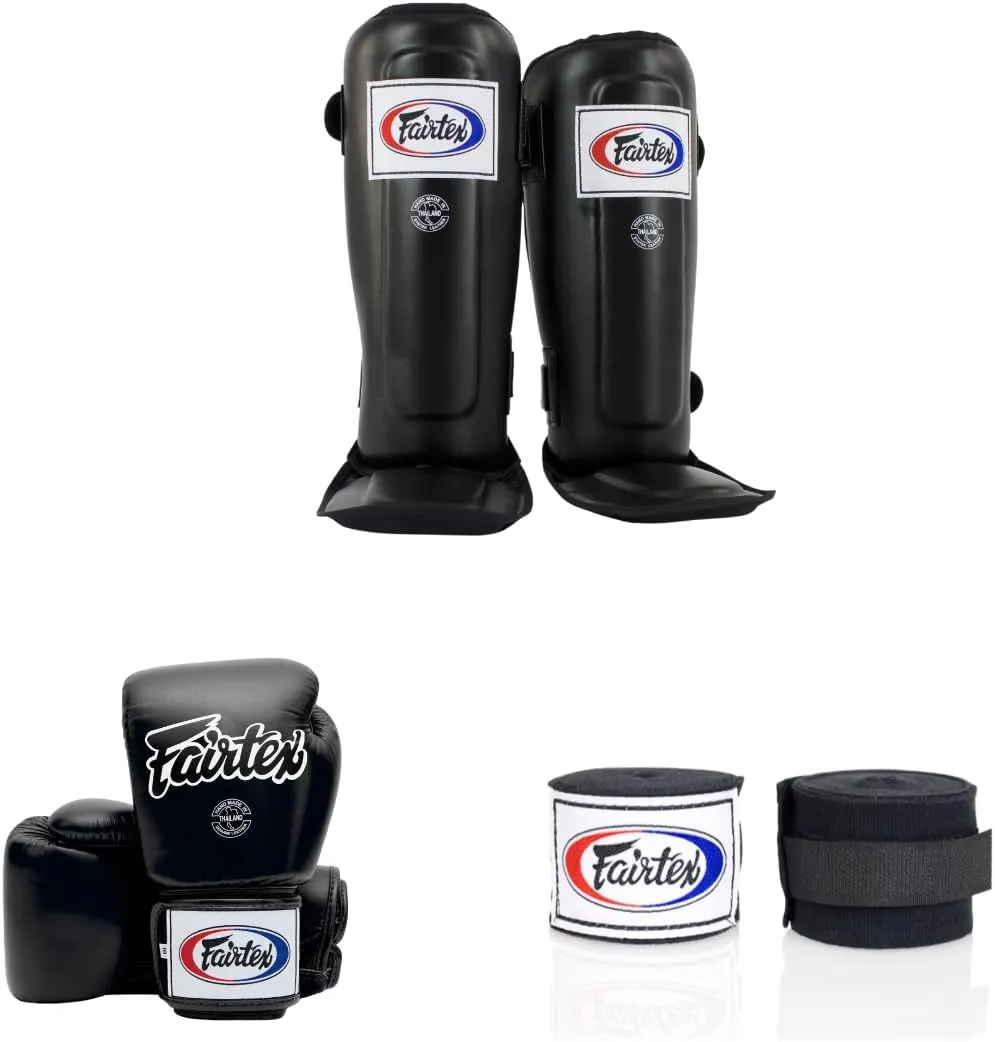 SP3 Black Medium Shin Guards   Fairtex Muay Thai Handwrap Black 180 inch  Fairtex BGV1 16 oz Black Glove