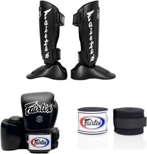 SP7 Black Medium Shin Guards   Fairtex Muay Thai Handwrap Black 180 inch  Fairtex BGV1 16 oz Black Glove