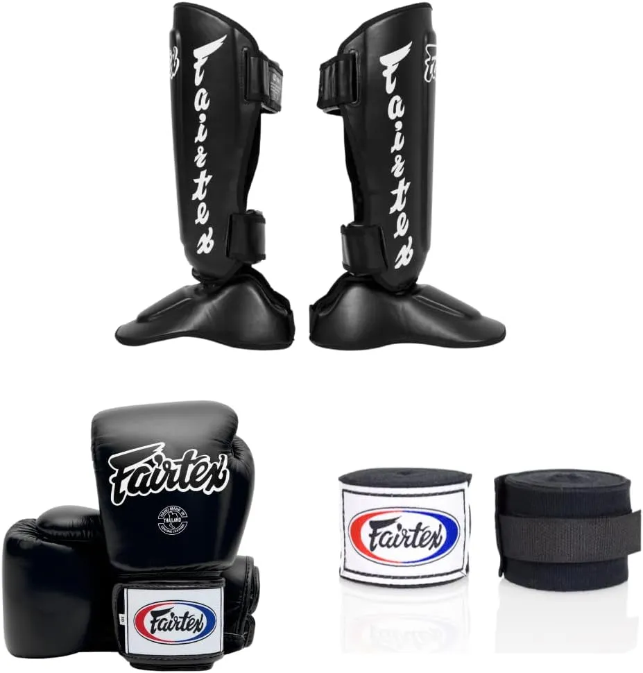 SP7 Black Medium Shin Guards   Fairtex Muay Thai Handwrap Black 180 inch  Fairtex BGV1 16 oz Black Glove