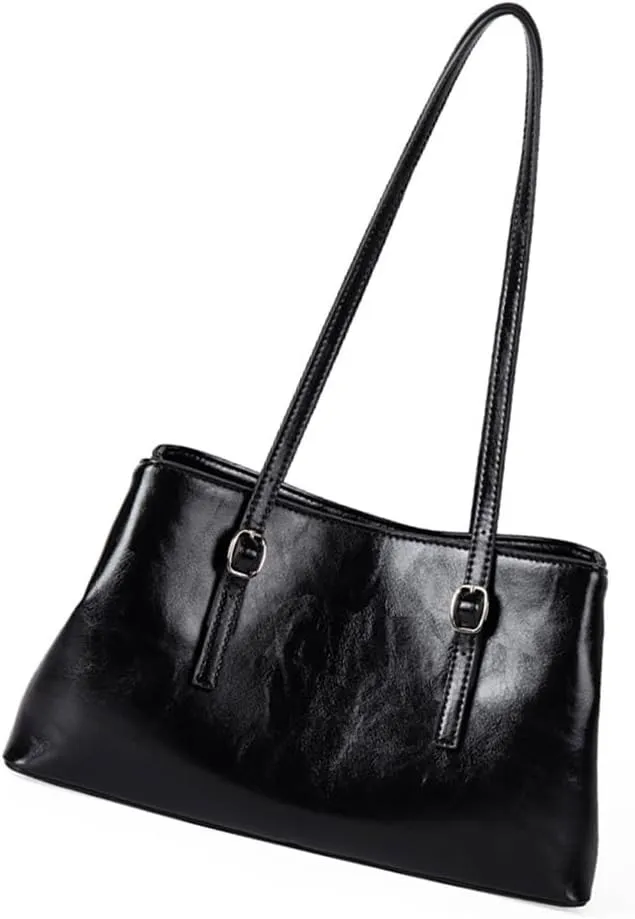 Spacious Women's Shoulder Bag Oil Glossy PU Leather Large Capacity Underarm for Women Commuters or Students Handbag