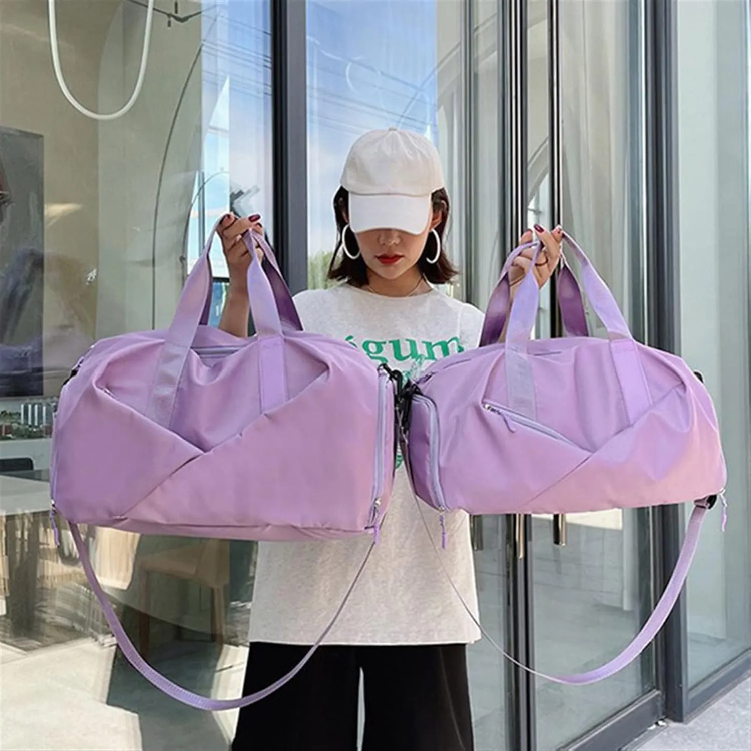 Sports Duffel Bags Gym Travel Bag Women's Nylon Waterproof Yoga Fitness Sport Bags With Shoes Compartment Large Capacity Training Handbag XA193L(Pink)